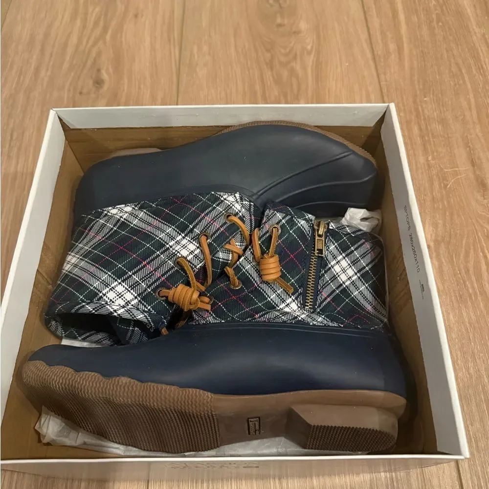 Sperry Navy Plaid Winter Duck Boots with Rubber Sole